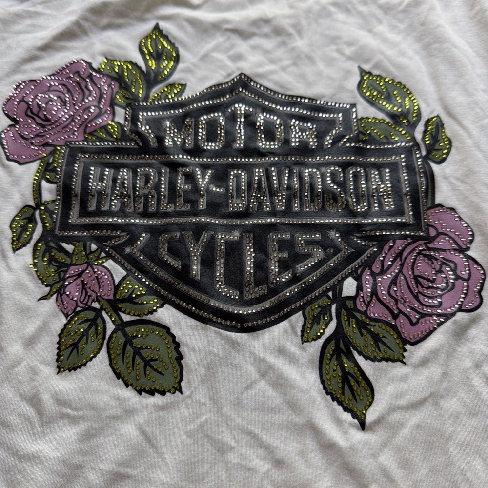 Harley Davidson Women's Rose And Thorn Bling Soft White Long Sleeve Medium